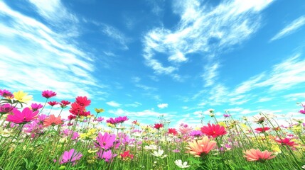 Fototapeta premium Colorful Wildflowers Under Bright Blue Sky