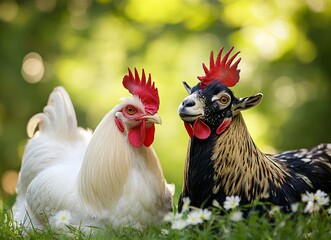 White rooster and goat on green grass, stock photo, close-upwith generative ai