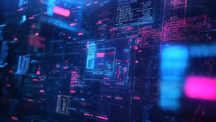 Holographic data theft illustrated with breached personal information and compromised digital systems in dynamic visuals.