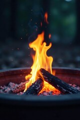 Orange and blue flames crackling softly in a round fire pit, nature, flames