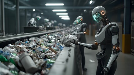 Futuristic Robots Handling Waste in an Advanced Recycling Facility with Glowing Displays