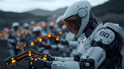 Fototapeta premium Futuristic Robots with Glowing Arms Supporting Each Other in a High-Tech Environment