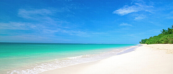 Pristine sandy beach with turquoise waves under a bright blue sky and soft white clouds, creating a serene tropical seascape with copy space. Made with generative AI