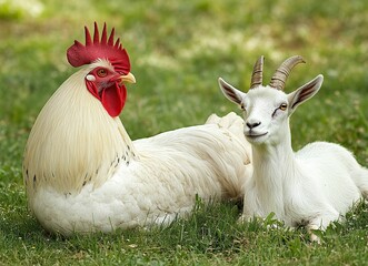 White rooster and goat on green grass, stock photo, close-upwith generative ai