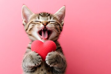 American bobtail - my treasured cat. Ad conceptual art. Cute american bobtail feline infant with pet animal toy red heart - sign of love, funny greeting card. Valentine's animal concept.