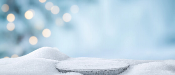 Snowy Christmas background with snowdrifts and blurred festive lights on a light blue backdrop, perfect for holiday themes with copy space. Made with generative AI