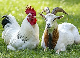 White rooster and goat on green grass, stock photo, close-upwith generative ai