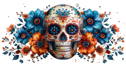 Colorful Día de Muertos sugar skull on a transparent or white background.