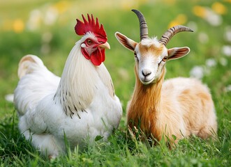 White rooster and goat on green grass, stock photo, close-upwith generative ai