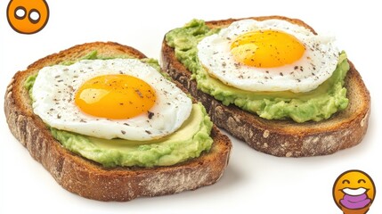Avocado Toast with Poached Eggs on White Background