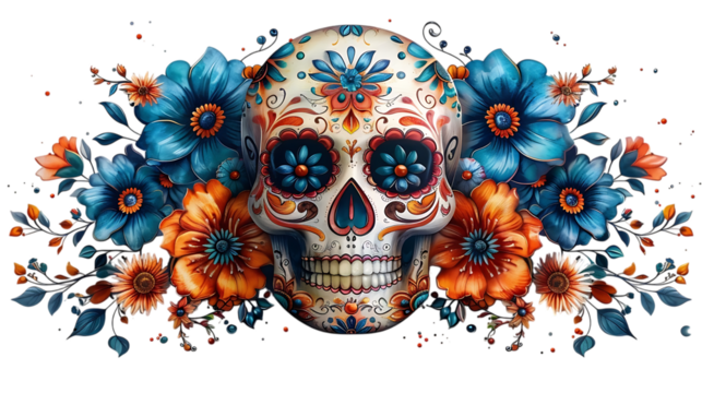 Colorful Día de Muertos sugar skull on a transparent or white background.