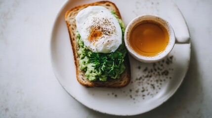 Delicious Avocado Toast with Poached Egg on White Plate