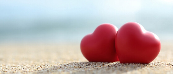 Fototapeta premium Two red hearts on blurred sea beach sand for valentine's day. Made with generative AI