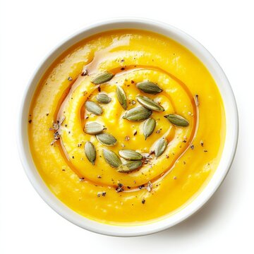 A bowl of creamy butternut squash bisque with a drizzle of maple syrup, isolated white background, modern art style