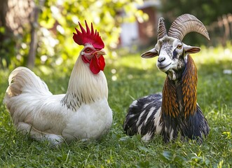 White rooster and goat on green grass, stock photo, close-upwith generative ai