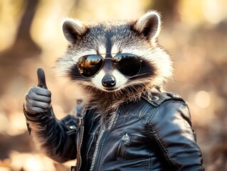 Cool Raccoon in Leather Jacket Giving Thumbs Up
