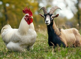 White rooster and goat on green grass, stock photo, close-upwith generative ai