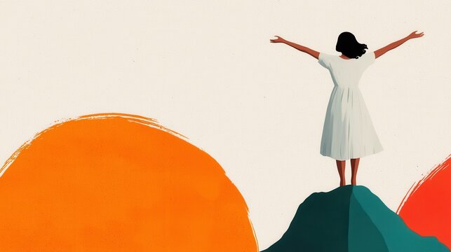 WORLD SLEEP DAY style. Person standing on a mountain with arms raised against a colorful backdrop. - Powered by Adobe