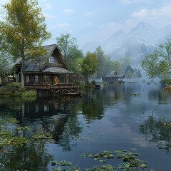 Fototapeta premium Misty lake with wooden houses and mountains.