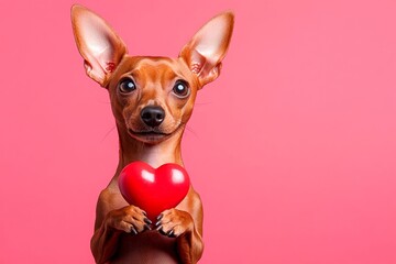 Pharaoh hound - my beloved dog. Digital ads visual idea. Cute pharaoh hound dog with companion toy red heart - sign of love, funny greeting card. Love concept. Valentine's day puppy cuddles.