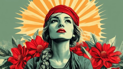 Empowered woman gazes upwards, radiating strength with floral backdrop and a vibrant sunburst