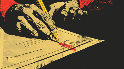 Close-up of hands writing with a pen on paper in an artistic dramatic composition