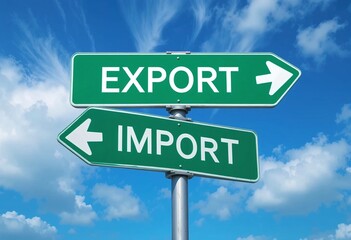 Green signpost with arrows labeled 'EXPORT' and 'IMPORT' against a bright blue sky with fluffy clouds.
