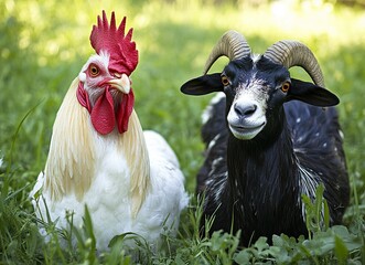 White rooster and goat on green grass, stock photo, close-upwith generative ai
