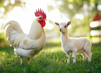 White rooster and goat on green grass, stock photo, close-upwith generative ai