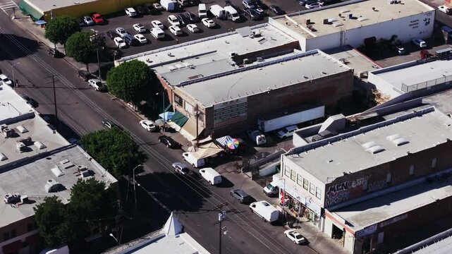 Drone footage of the Skid Row neighborhood in the downtown of Los Angeles, California, United States