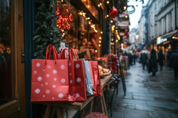 Festive Shopping Bags at Store Entrance in Urban Scene
