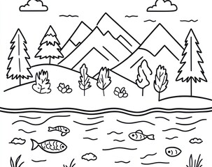 Mountain lake landscape illustration, peaceful nature scene, ideal for children's book