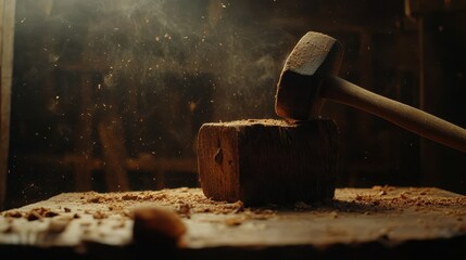 Hammer Striking Wood in Workshop Atmosphere