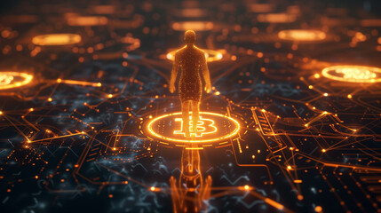Obraz premium Futuristic orange digital world with human figure and glowing network nodes