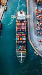 A container ship loading cargo at a busy port.