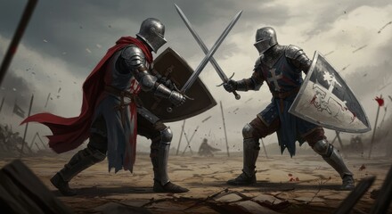 Two armored knights duel fiercely on a battlefield amidst chaos