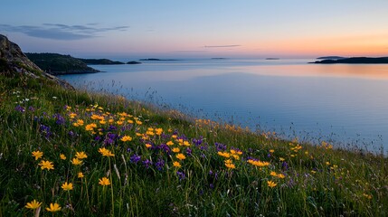 Wildflowers Growing Along the Edge of a Serene Swedish Landscape During a Tranquil Sunset