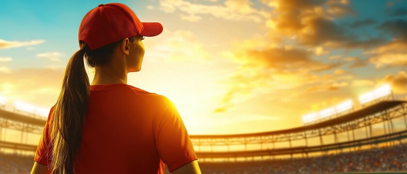 Empowering women in baseball stadiums concept. A person in a cap watches a sunset over a stadium filled with lights.