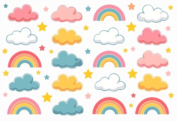 Obraz premium Playful Cartoon Clouds, Candy Colors, Symmetrical Layout, Rainbows, Stars, Fluffy Shapes, Light Pink, Baby Blue, Pale Yellow, Soft White, Clear Outlines, Soft Gradients.