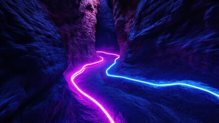 neon light trails streak through dark urban canyon electric blue and purple streaks create dynamic...