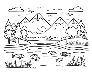 Mountain lake fish wildlife nature scenery illustration