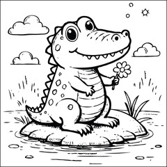 Cute Alligator on a Riverbank Coloring Page Outline