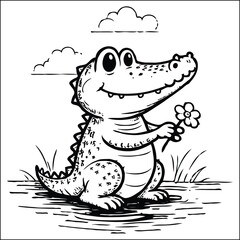 Friendly Cartoon Alligator Near the River Outline Coloring Page