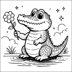 Cheerful Alligator Sitting by the Water Outline Coloring Page