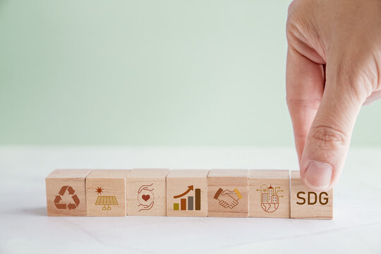 Hands holding wooden blocks with SDGs icons, Sustainable Development Goals concept

