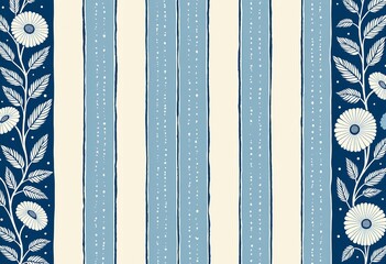 Boho Linocut Print, Vertical Stripes Seamless, Pale Blue and White Floral Border, Leaf and Flower Design, Block Print Style, Textile Art, Artistic Pattern, Botanical Theme.

