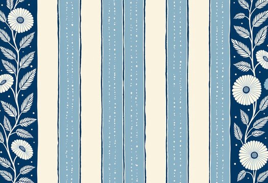 Boho Linocut Print, Vertical Stripes Seamless, Pale Blue and White Floral Border, Leaf and Flower Design, Block Print Style, Textile Art, Artistic Pattern, Botanical Theme.


