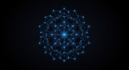Obraz premium A futuristic grid design featuring glowing blue nodes and lines arranged symmetrically over a gradient black background for a modern tech feel