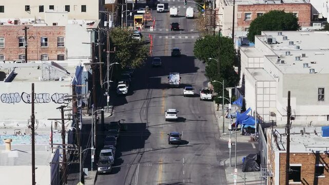 Aerial footage of the traffic in the Skid Row neighborhood in Los Angeles city, California, USA
