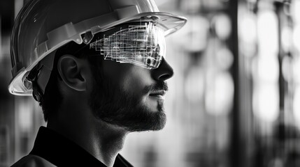 A creative black-and-white portrait of a male engineer in profile, emphasizing focus and technical expertise